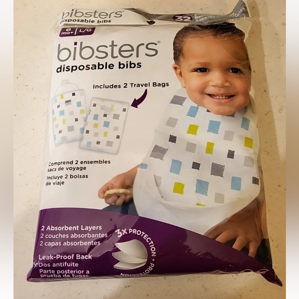 💜Bibsters Disposable Bibs 32Count 6mo+L/G Includes Two Travel Bags